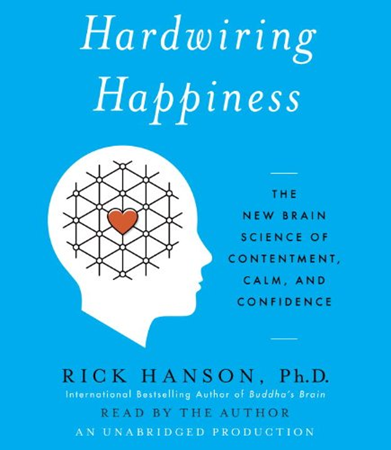 blue book with title "Hardwiring Happiness"